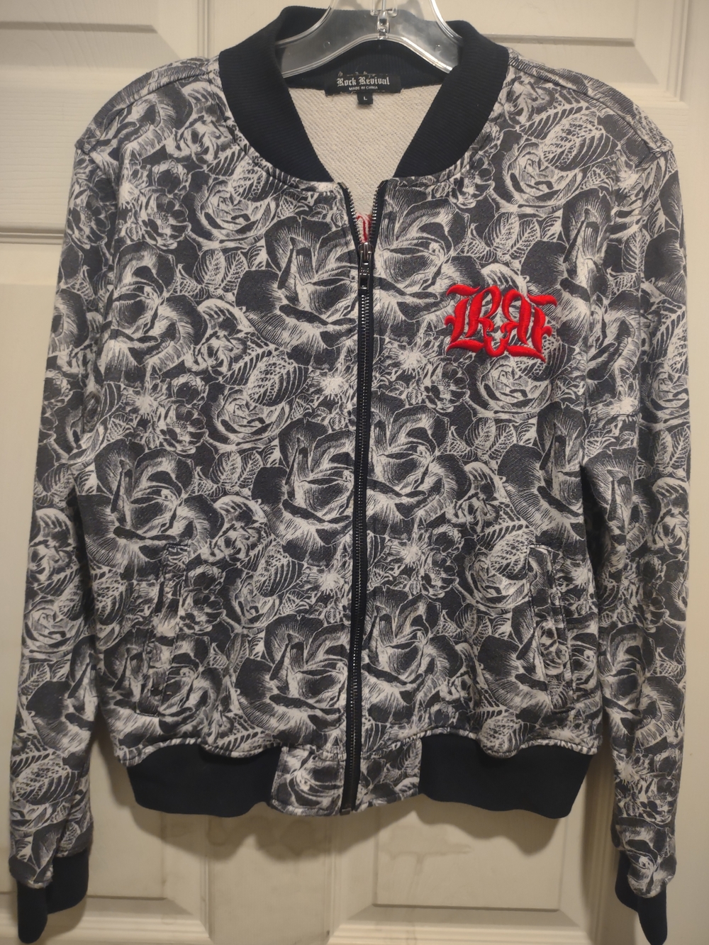 Rock Revival Black & White Floral Bomber Jacket with Red Embroidered Logo